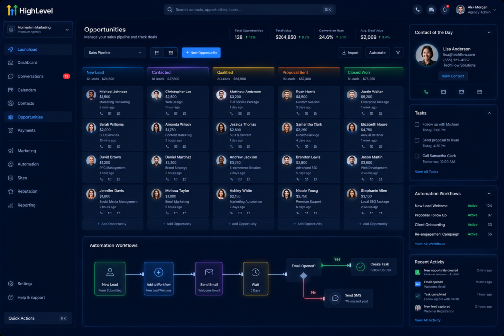All-in-one CRM and marketing automation platform for Australian businesses featuring lead management, sales pipeline tracking, customer communication, and automated workflows.